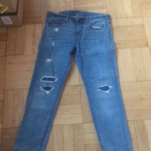 J crew slim fit jeans with distressed patchwork